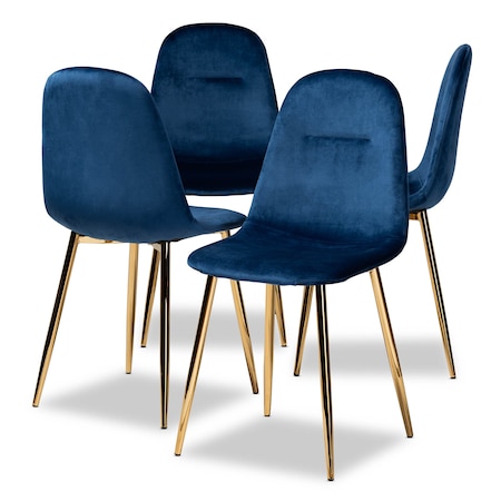 Baxton Studio Elyse Blue Velvet Gold Finished 4-Piece Metal Dining Chair Set 160-9912